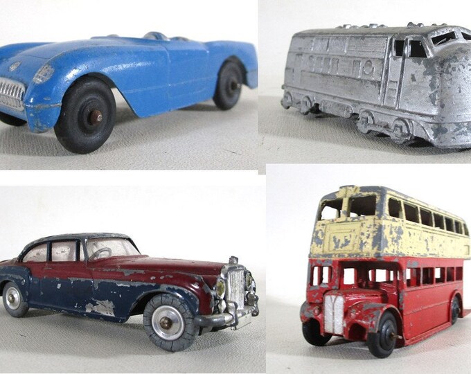 Four Vintage Toy Vehicles, Tootsie Convertible, Midge Train, Dinky