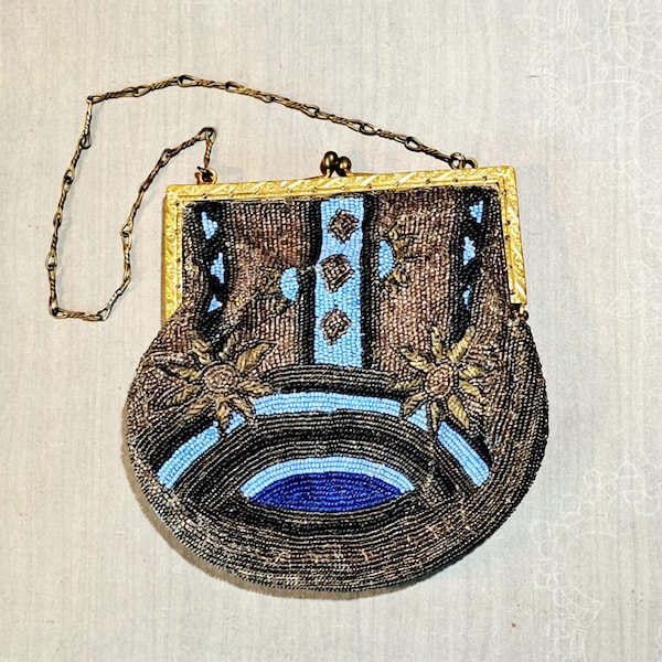 Bolso de noche antiguo con cuentas, fabricado en Alemania, bolso de mano vintage Art Déco, cierre de broche.