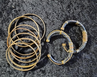 Assorted Bangles, Vintage 1970s Brass Bracelets, Wire Wrapped Leather, Boho Hippie, Fun Flirty