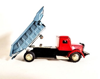 Blue and Red Toy Dump Truck, Vintage Mid Century Friction Toy, Original Package, Pretend Play, Toy Vehicle, Construction Toy Dump Truck