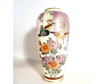 Satsuma Vase, 1940s, Vintage Signed 8 1/2 inch Vase with Wisteria, Peacocks, Peonies, Mid Century Japanese Vase