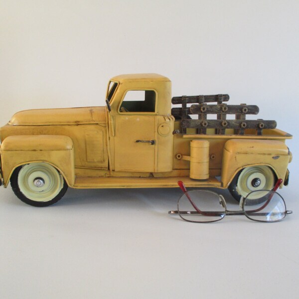 1950s Pick Up Truck Vintage Model Small Tin Metal Miniature Reproduction Chevy Chevrolet Ford Dodge GMC Orange Whimsical Man Cave Retro Deco