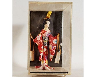 50s Japanese Geisha Doll in Case, Vintage Mid Century Red Kimono Geisha, 5 1/4 inch Plastic Display Case