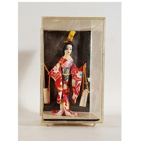 50s Japanese Geisha Doll in Case, Vintage Mid Century Red Kimono Geisha, 5 1/4 inch Plastic Display Case