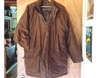 Brown Suede Jacket, Vintage Large Claiborne Outerwear Down Filled Jacket, Down Winter Jacket, Suede Cloth Outer Jacket, Duck Downfill Jacket