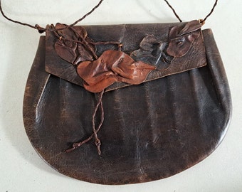 Small Leather Shoulder Bag with Molded Flowers, Vintage Handmade Leather Bag, BoHo Hippie Shoulder Bag, Compact Leather Bag