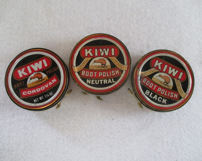 Kiwi Shoe Polish, 3 Vintage Tins Advertising, Cordovan, Neutral, Black