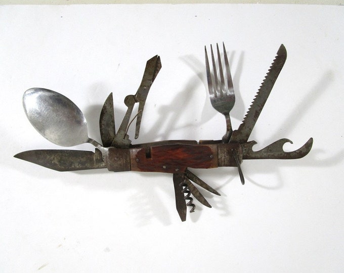 Multi Knife With Fork and Spoon, Vintage Camping Survival Mid Century