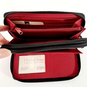 Cartera de mano organizadora de cuero, cuero negro vintage, forro de tela roja, chequera extraíble, múltiples funciones de almacenamiento