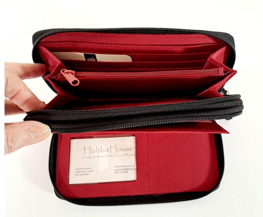 Leather Organizer Clutch Wallet, Vintage Black Leather, Red Fabric Lining, Removable Checkbook, Multiple Storage Features