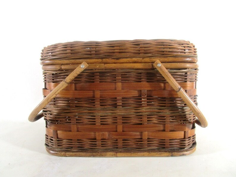 Picnic Basket Vintage Bamboo Rattan Wicker Large Craft Etsy