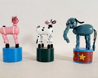 Push Puppets, Vintage Circus Puppets, Elephant Puppet, Pig Puppet, Cow Puppet, Jointed Puppets, Wooden Puppets