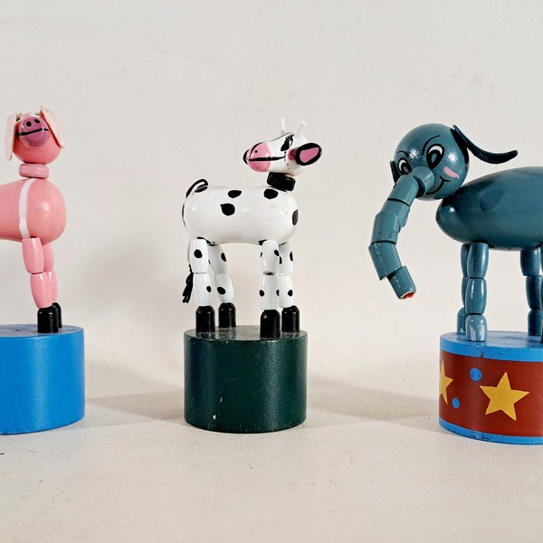 Push Puppets, Vintage Circus Puppets, Elephant Puppet, Pig Puppet, Cow Puppet, Jointed Puppets, Wooden Puppets
