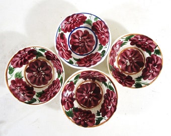 Four Hand Painted Pottery Bowls with  Floral Design, Vintage Folk Art, Gaudy Dutch Style, Fruit Bowl, Ice Cream Bowl, Cereal Bowls