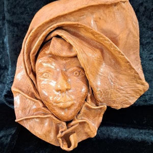 Molded Leather Mask, Vintage Handmade Wall Art, Leatherworking Mask, Young Woman's Face Mask, Boho Wall Decor, Leather Art Mask