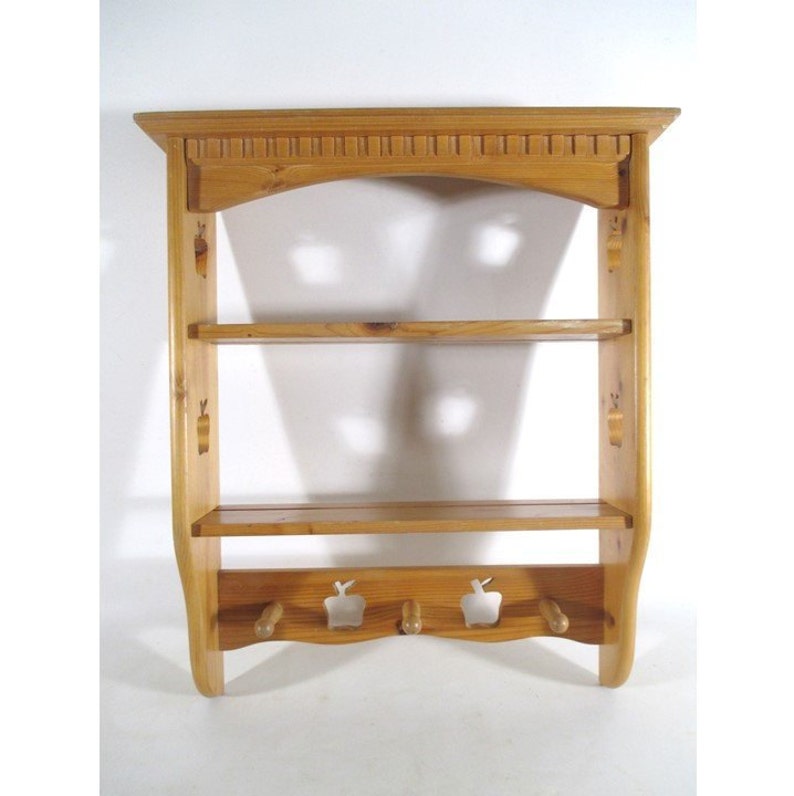 Display Shelf Vintage Wooden Shelves Cap Scarf Pegs Apple Motif Arts And Craft Style Cottage Cabin Entry Decor