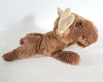 Dakin Plush Moose, Vintage 1978 Laying Down Moose, 12 inch Toy Stuffed Animal Moose, Bearded Moose with Antlers, Ground Nutshell Filler