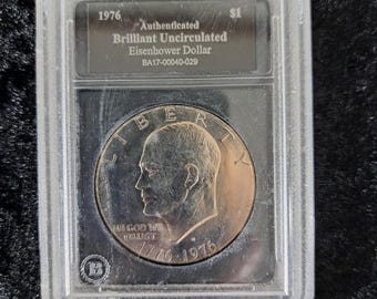 1976 Authenticated Brilliant Uncirculated Eisenhower Dollar, Vintage Silver Coin, Numismatic Bicentennial Ike Eisenhower Dollar in Case