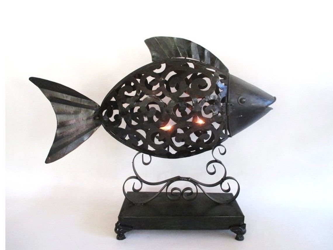 2 Fish Shaped Metal Candle Holders Vintage Black Filigree Etsy