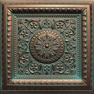 May include: Square, bronze-colored decorative ceiling tile with a detailed floral and scroll design. The tile features a central medallion with radiating leaves and flowers, surrounded by ornate patterns and a teal-colored background.