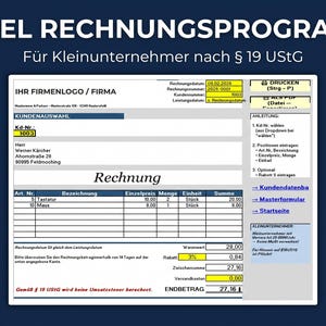 Könnte beinhalten: Eine digitale Excel-Rechnungsvorlage für Kleinunternehmer, bestehend aus einem weißen Formular mit schwarzem Text, Spalten für Artikelnummern, Bezeichnungen, Mengen und Summen sowie drei goldenen Abzeichen mit Häkchen und deutschem Text.