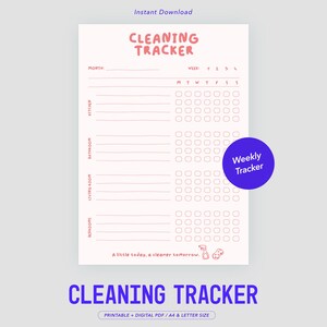 Könnte beinhalten: Ein druckbares Reinigungs-Tracker-Blatt mit hellem Hintergrund und korallenfarbenem Text. Es enthält Abschnitte für Küche, Bad, Wohnzimmer und Schlafzimmer mit Spalten für Wochentage und Kontrollkästchen. Enthält den Text A little today, a cleaner tomorrow.