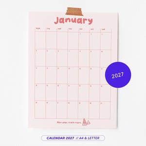 2027 Monthly Calendar Printable, Monthly Planner 2027, Fillable Calendar, Minimalist Simple Clean Calendar,  A4/Letter, Instant Download