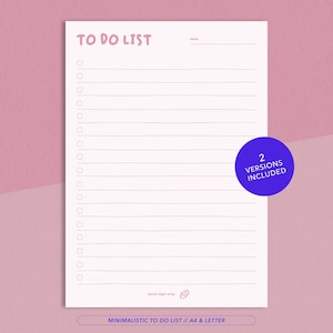 Könnte beinhalten: Eine weiße Papier-To-Do-Liste mit rosa Text TO DO LIST oben, einer Datumszeile und sechzehn horizontalen Linien mit Kontrollkästchen auf der linken Seite. Ein lila kreisförmiges Abzeichen besagt 2 VERSIONS INCLUDED. Der untere Text lautet Good vibes only.