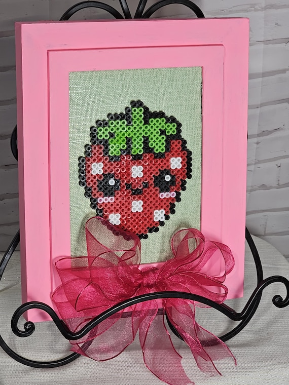Pixel Art Strawberry Perler Bead Framed Decor UK
