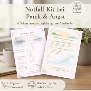 Może przedstawiać: Zestaw drukowanych arkuszy pracy dotyczących zdrowia psychicznego w języku niemieckim, zatytułowany "Notfall-Kit bei Panik & Angst". Arkusze zawierają schemat ciała i ilustrację fali. Obraz zawiera również tekst "Digitaler Download" i "Druckfertige (A4) Arbeitsblätter".