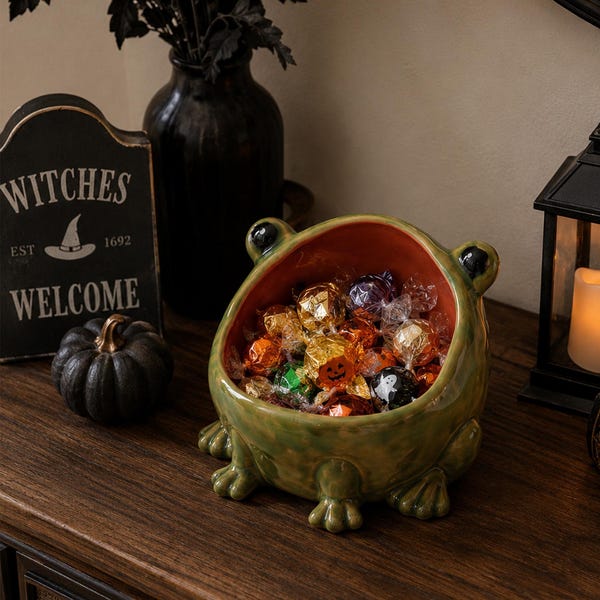 Personalized Halloween Candy Bowl, Custom Frog Trick or Treat Bowl, Home Party Treat Holder, Ceramic Candle Holder, Entryway Catchall Bowl