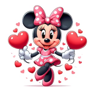 May include: A cartoon illustration of Minnie Mouse holding two red heart-shaped balloons. She wears a pink polka-dot dress, matching bow, and shoes. Small pink hearts float around her on a white background.