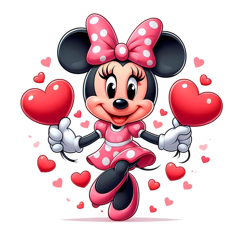 May include: A cartoon illustration of Minnie Mouse holding two red heart-shaped balloons. She wears a pink polka-dot dress, matching bow, and shoes. Small pink hearts float around her on a white background.