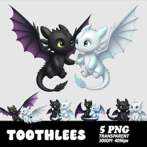 Puede incluir: Ilustración digital de dos dragones de dibujos animados, uno negro con alas moradas y el otro blanco con alas azul claro, tomados de la mano. Debajo, hay cinco ilustraciones de dragones más pequeñas. El texto "TOOTHLEES" está en la parte inferior.