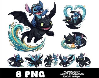 Stitch And Toothless Design Night Fury Dragon and Stitch Clipart PNG Digital Download High Resolution