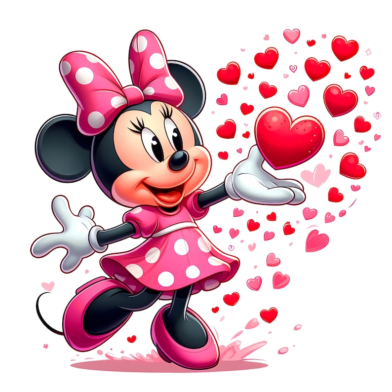 May include: A cartoon illustration of Minnie Mouse in a pink polka-dot dress and bow, holding a large red heart. Red hearts float around her, creating a Valentine's Day theme. The image is set against a white background.
