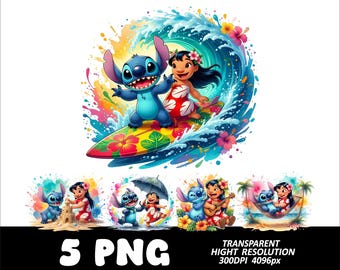 Lilo and Stitch 5 PNG Design Clipart, Cartoon Lilo Stitch Png Watercolor Design Digital Download High Resolution