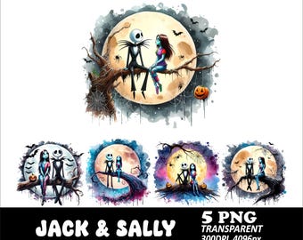 Jack and Sally Watercolor Clipart Png Design Halloween Gothic Png Dijital Files High Resolution