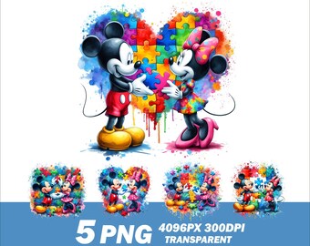 Autism Awareness Mickey and Minnie PNG Clipart (Digital Download)