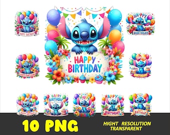 Stitch Birthday PNG Bundle Clipart, 10 PNG Stitch T-Shirt Design (Digital File)