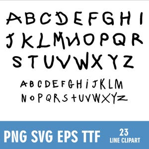 K&ouml;nnte beinhalten: Auf wei&szlig;em Hintergrund sind schwarze, handgeschriebene Gro&szlig;- und Kleinbuchstaben abgebildet. Die Buchstaben sind in einer einfachen, fetten Schriftart gehalten. Darunter stehen die W&ouml;rter "PNG SVG EPS TTF" und "23 LINE CLIPART".