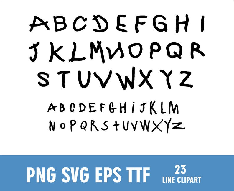 K&ouml;nnte beinhalten: Auf wei&szlig;em Hintergrund sind schwarze, handgeschriebene Gro&szlig;- und Kleinbuchstaben abgebildet. Die Buchstaben sind in einer einfachen, fetten Schriftart gehalten. Darunter stehen die W&ouml;rter "PNG SVG EPS TTF" und "23 LINE CLIPART".