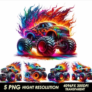 May include: A digital illustration of a monster truck with flames in a rainbow of colours. The truck is black with colourful flames and large tyres. Below are four smaller versions of the same truck. The image includes the text "5 PNG HIGHT RESOLUTION 4096PX 300DPI TRANSPARENT".