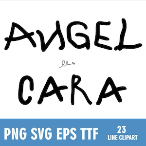 K&ouml;nnte beinhalten: Schwarz-wei&szlig;es Grafikdesign mit den W&ouml;rtern "ANGEL" und "CARA", verbunden durch einen Pfeil. Der untere Teil des Bildes zeigt "PNG SVG EPS TTF" und "23 LINE CLIPART".