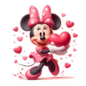 May include: A cartoon illustration of Minnie Mouse holding a large pink heart. She wears a pink dress with white polka dots, a matching bow, and shoes. Pink hearts float around her, and she has a cheerful expression.