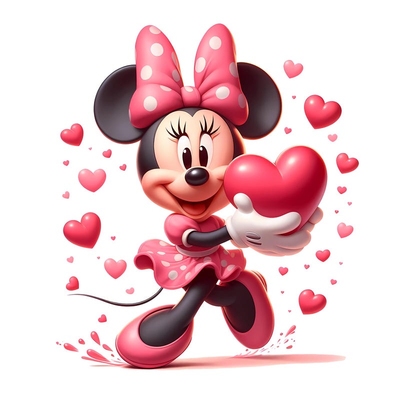 May include: A cartoon illustration of Minnie Mouse holding a large pink heart. She wears a pink dress with white polka dots, a matching bow, and shoes. Pink hearts float around her, and she has a cheerful expression.