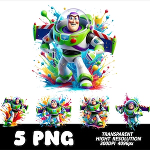 Puede incluir: Un conjunto de gráficos digitales que presenta cinco poses distintas de un personaje de guardabosques espacial con traje blanco, verde y morado con alas, rodeado de salpicaduras de pintura multicolor. El texto 5 PNG, TRANSPARENT, HIGHT RESOLUTION, 300DPI 4096px es visible.