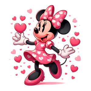 May include: A cartoon illustration of Minnie Mouse in a pink dress with white heart-shaped polka dots, a matching bow, and shoes. She is surrounded by pink hearts, holding one in her hand, and has white gloves. The background is white.