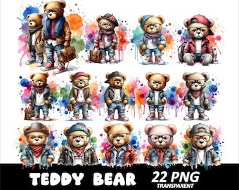 Watercolor Teddy Bear Clipart Bundle, PNG Designs (Digital Download)