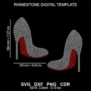 May include: Digital template of two high-heeled shoes, each composed of white rhinestones with red soles. The design includes measurements: 7.27 inches (184 mm) high and 6.03 inches (153 mm) long. Text at the top reads "RHINESTONE DIGITAL TEMPLATE".